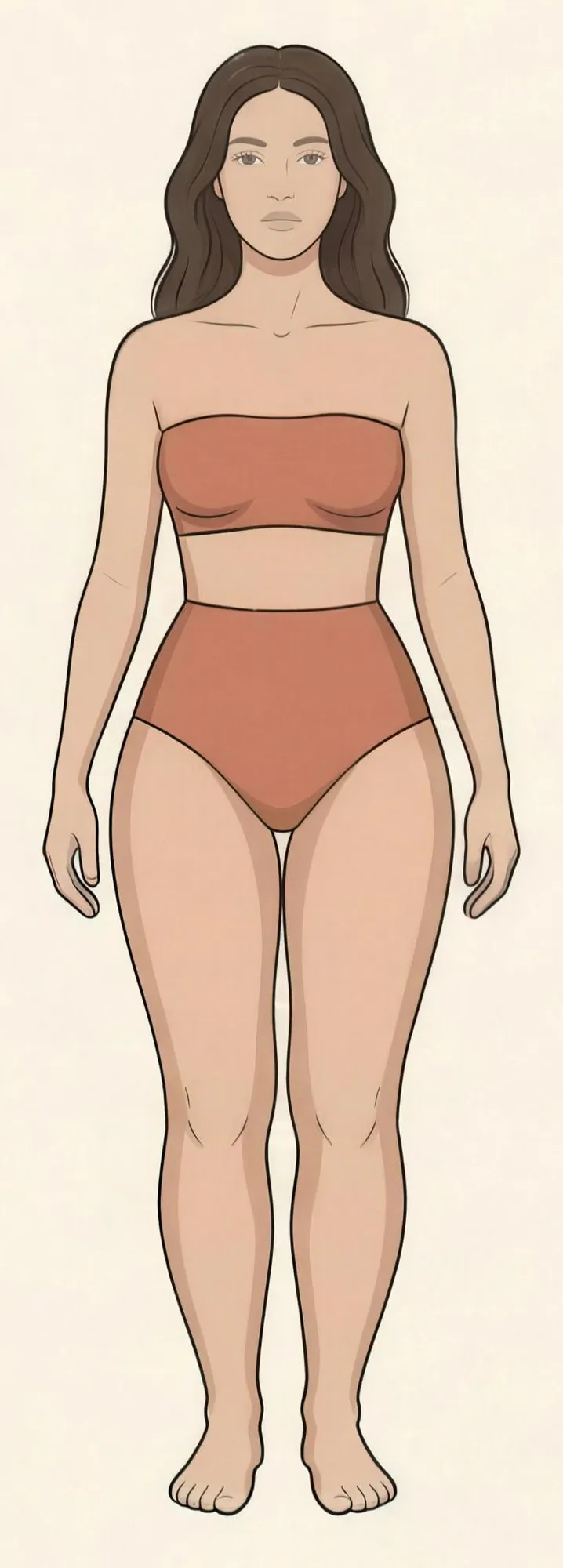 Illustration einer Frau im ersten Stadium: Oberkörper schlank, Beine mäßig voll, Hautoberfläche glatt und eben, Knöchel und Füße schlank.